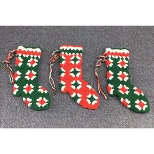 3 Vintage Crocheted Christmas Stockings With Heels Granny Square Handmade MCM
